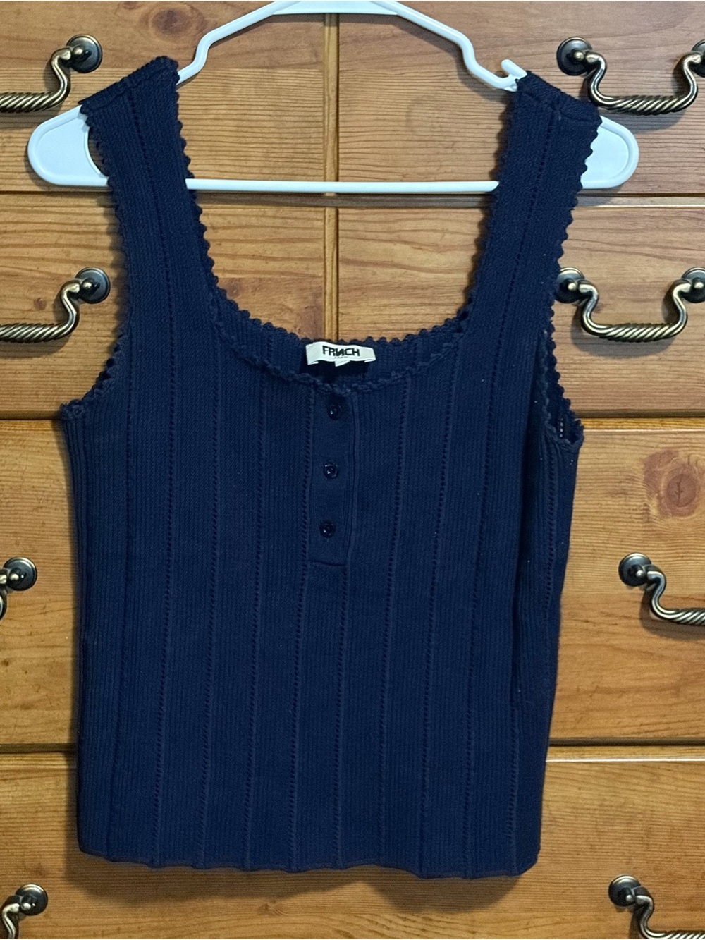 FRNCH Paris Navy Ribbed Knit Button Front Tank Top Scalloped Trim